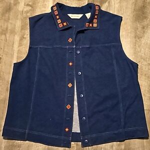 Vintage Bechamel Blue Chambray Vest Colorful Western Embroidered Design Size L